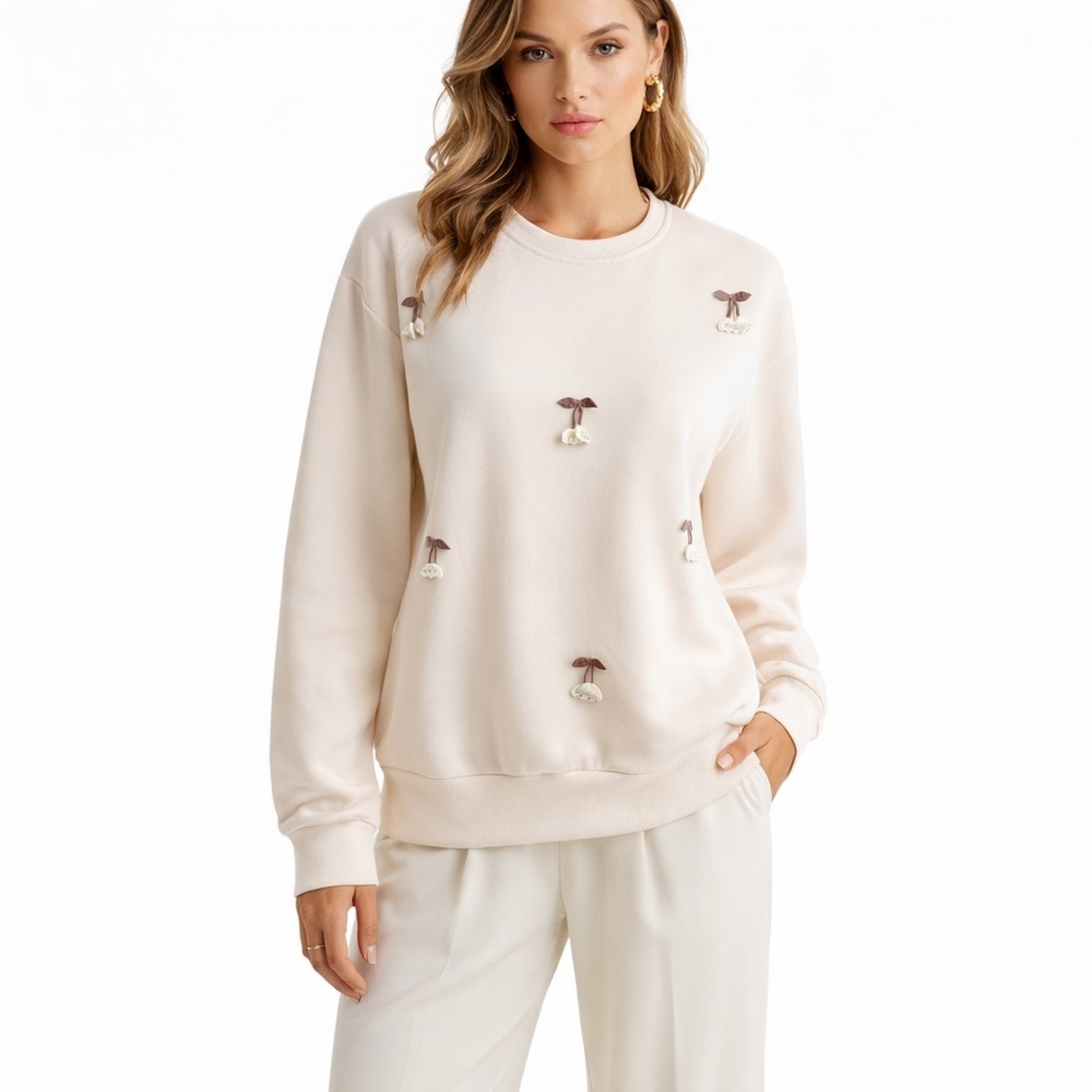 Cream Sweatshirt with Floral Embroidery NWT